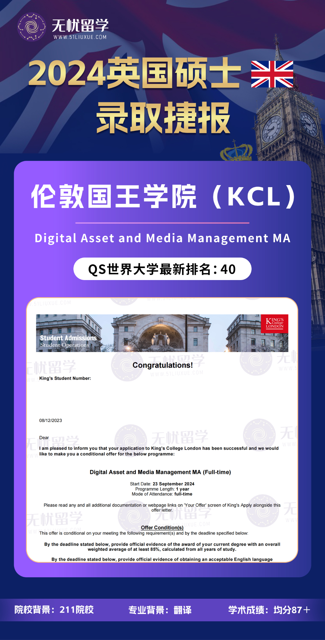 【2024英国硕士录取】伦敦国王学院数字资产与媒体管理offer！