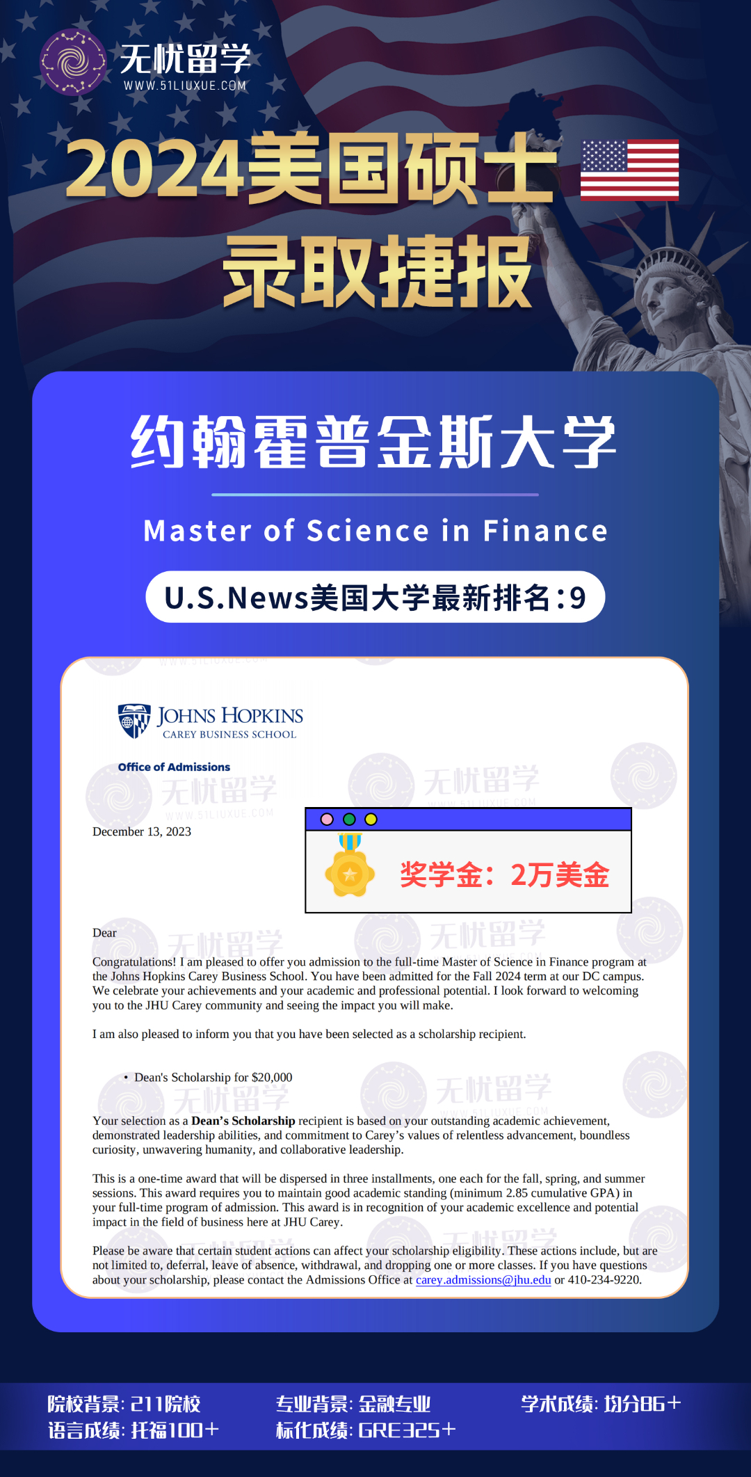 【2024美国硕士录取】约翰霍普金斯大学金融专业offer！