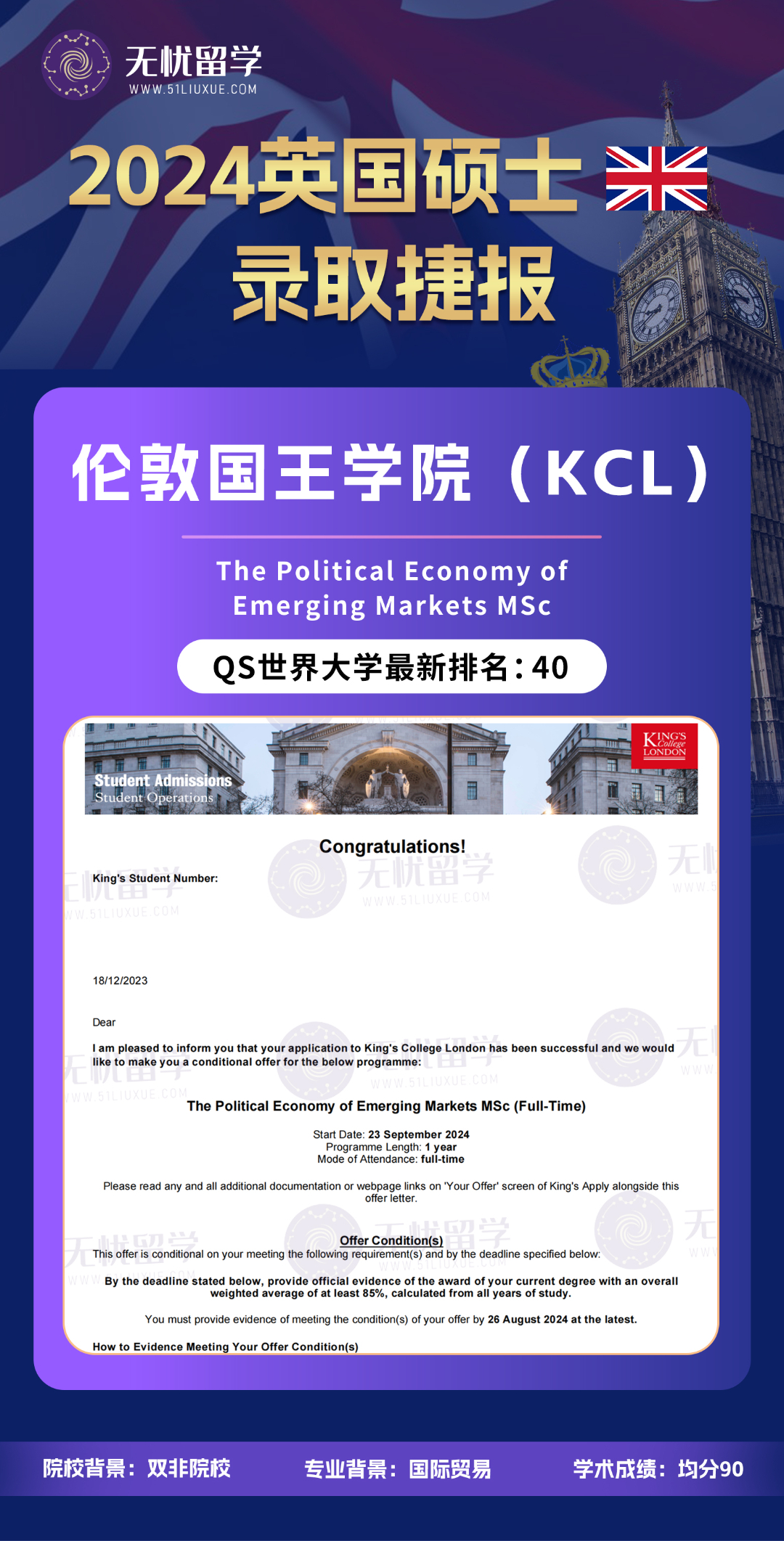 【2024英国硕士录取】伦敦国王学院政治经济学offer！